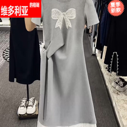 维多利亚的格调重工蝴蝶结短袖连衣裙女2025夏季新款收腰显瘦长裙小个子气质裙子 黑色3524 M 【建议100-115斤】