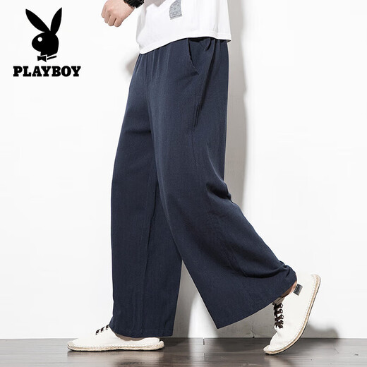 Playboy (PLAYBOY) Chinese style men's linen pants loose cotton linen wide-leg pants skirt retro large size harem pants spring and summer straight men's pants black 5XL size