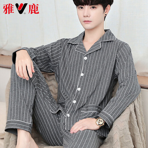 Yalu high-end 2025 new pure cotton pajamas for men's summer thin short-sleeved trousers for home clothes thin large-size suit Double bag pure cotton short-sleeved trousers 691 L Weight 100-130Jin [Jin equals 0.5 kg]