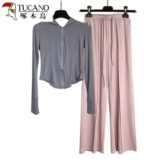 Woodpecker Internet Celebrity Street Street Age Reduktion Anzug für Frauen 2025 Sommer langärmelige Sonnenschutzkleidung modische Freizeitsport-Weitbein-Hosen zweiteiler rosa Top + Grey Hosen [zwei] l