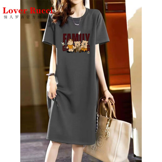 Amante rucci gran tamaño de algodón puro vestido de manga corta para mujeres verano suelto de camiseta delgada falda falda que reduce la edad de la edad de la edad gris oscuro (695 modelos) m