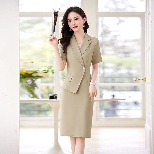 Ehangy国际轻奢连衣裙女装夏季2025新款时尚气质修身短袖工作服百搭裙子 豆绿色【高端礼盒】 XL