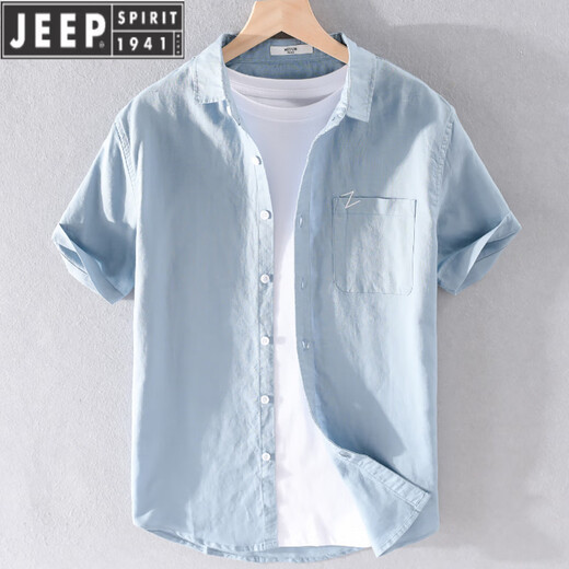 JEEP SPIRIT男士亚麻翻领短袖T恤宽松衬衫领上衣服有带领T棉麻料T恤麻布夏装 9711黄色 3XL