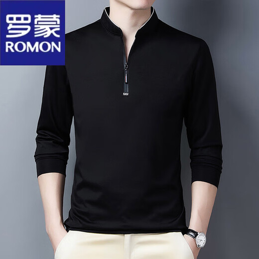 罗蒙（ROMON）中年男土长袖t恤小立领纯棉中老年人半袖全棉薄款父亲半拉链体恤 6623玫红 M 165