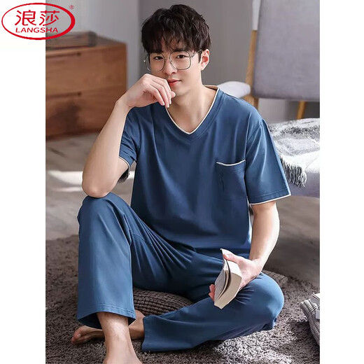 浪莎（LangSha）柔软莫代尔棉睡衣男夏装新款短袖长裤薄款冰丝凉感男款家居服套装 AGF2687短长男 5XL 【200-220斤】