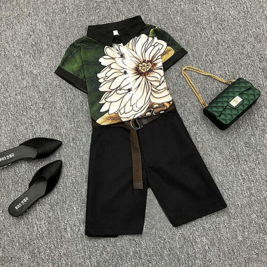 乐僖贝俫夏日潮搭女雪纺上衣配阔腿短裤两件套 6630大花+6050黑裤+腰带 S