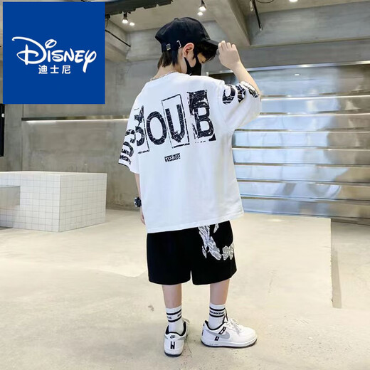 迪士尼（Disney）男童套装2025夏季新款网红套装一整套儿童t恤中大童男孩两件套潮 黑色短袖[SO套装]#687 170 适合身高160左右