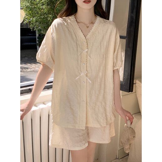 Calculat/Keen (Calculat/Keen) CK2025 Nuevo estilo con almohadilla de cofre Color sólido pijama de manga corta para mujeres en verano set dulce y sencillo cárdigan para el hogar Juego de ropa para el hogar 9225fe de color sólido rosa [almohadilla de cofre fija] l