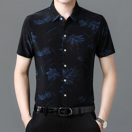 Sept Wolf (SW1960) 25 Été Nouvelle chemise à manches courtes pour hommes Ice Silk Cool Thin Imprimée de la chemise de papa pour hommes d'âge moyen 9898 Gold 4xl 190