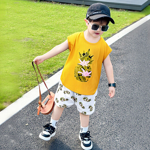 
Xiaohuanmei children's short-sleeved suit Korean version 2025 summer new girl pure cotton T-shirt boy shorts baby children turmeric three-color skateboard 100 (recommended height 90-100cm)