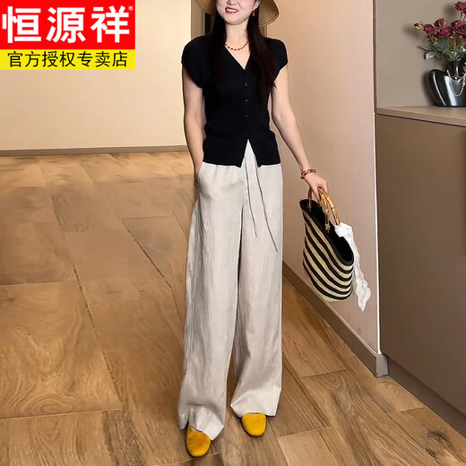 Temperamento Hengyuanxiang Spring y Summer High-End Juego para mujeres delgadas en V de las mujeres con cuello en V de manga corta de manga corta Pantalones casuales Pantalones casuales de dos piezas [Sencillo] Pantalones de cáñamo M [Sugerir 80-100Jin [Jin equivale a 0.5 kg]]