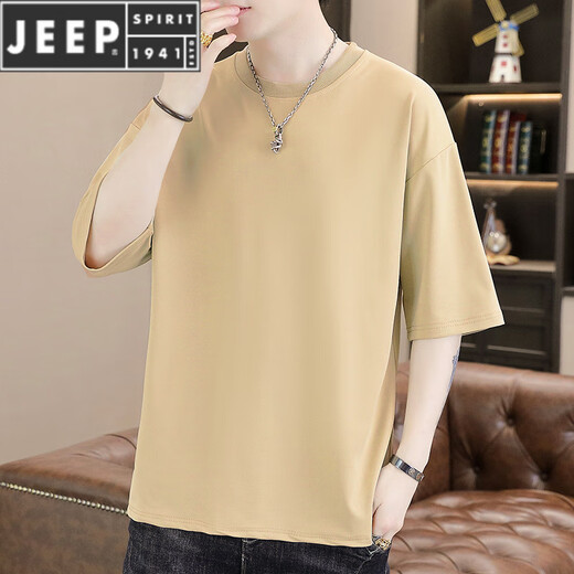 JEEP SPIRIT潮流纯色男士圆领宽松T恤2025夏季新款潮流帅气青年五分袖体恤衫 T9902白色 M