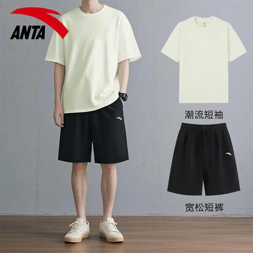安踏休闲运动套装男夏季新款纯棉短袖T恤短裤宽松运动服青少年两件套 【套装】-1纯净白 L/175