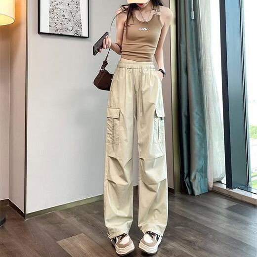 Lässige einfache Dopamin-Verschleiß-Arbeitshose für Frauen im Frühling und im Sommer Drawess Hip-Hop Dünne Drop-Feel Weitbein-Bodenhose My-689 Black XL