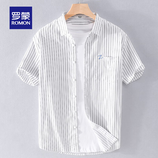 Romon men's striped shirt short-sleeved loose summer thin Japanese casual all-match shirt summer men's clothes 9740 white 3XL
