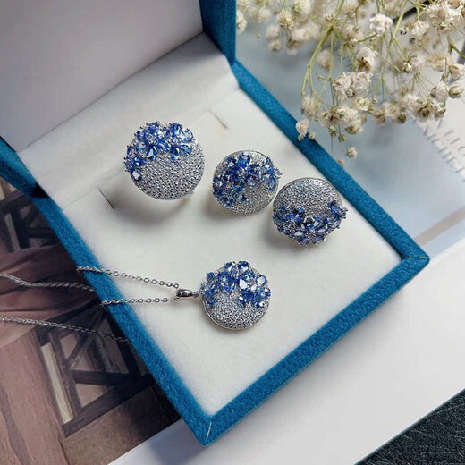 Piaohe S925 silver inlaid tanzanite pendant earrings and ring set disc garden luxurious and elegant gift for girlfriend S925 inlaid tanzanite earrings