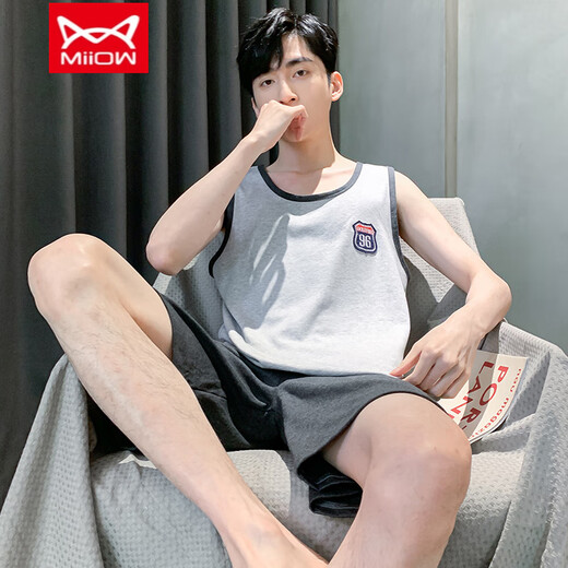 猫人（MiiOW）睡衣男夏季棉质短袖短裤青少年宽松家居服夏天薄款可外穿中年套装 H9928（短袖短裤） L （建议100-120斤）