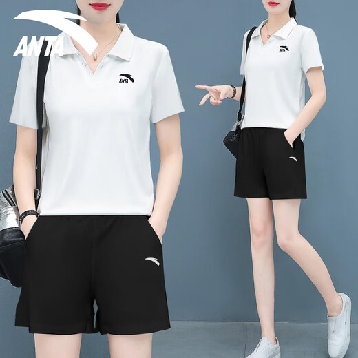 安踏运动套装女2025夏季款冰丝速干短裤跑步健身服宽松短袖t恤两件套 8113-4基础黑【男女同款套装】 M/170