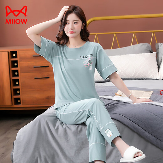 猫人（MiiOW）睡衣女夏季纯棉2025年新款短袖长裤家居服套装可外穿薄款全 7374豆绿 M 80-100斤