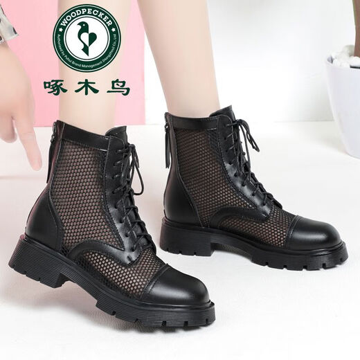 
Woodpecker High-end Spring and Summer 2025 New Mesh Martin Boots Breathable Women's Short Boots Leather Thick Sole Hollow Sandal Boots Middle Heel Black 38