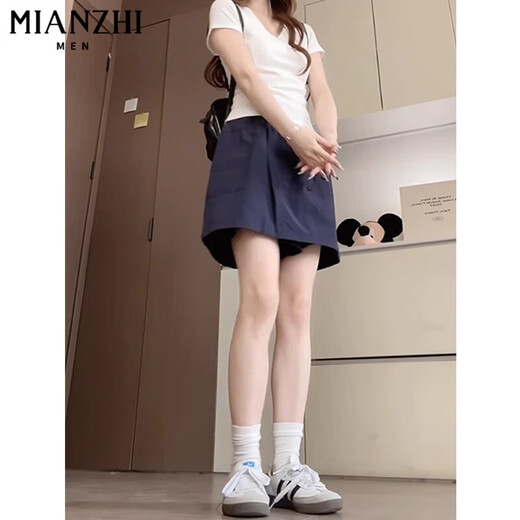 Cotton Summer Silk Yamamoto Travail Vêtements Shorts pour femmes 2025 New Style Small Person High Taist Slim A-Line Pantaler Jirt 603 Navy Blue [High Quality 19.5] XL 120-140JIN [Jin est égal à 0,5 kg]