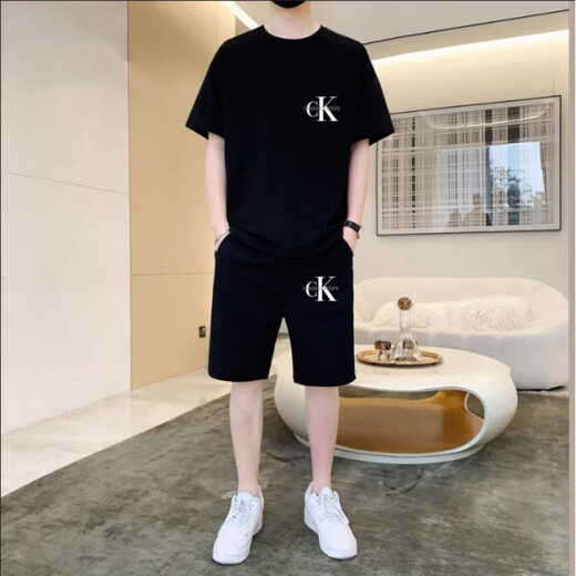 Calvin Klein Jeansck kurzärmeliger Anzug Sommer Männer reines Baumwoll-T-Shirt-Gelegenheits-Shorts Locker Los großer Fünf-Punkte-Sporthosen Trendy Herren-Kleidung 701 Setzen Sie schwarz 2xl (165-190jin [Jin gleich 0,5 kg])