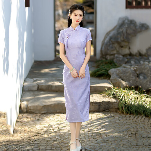 SGJ light luxury brand women's cheongsam women's lace long modified cheongsam national style retro dress slim and can be worn every day 14124 meter white (for pendant) M