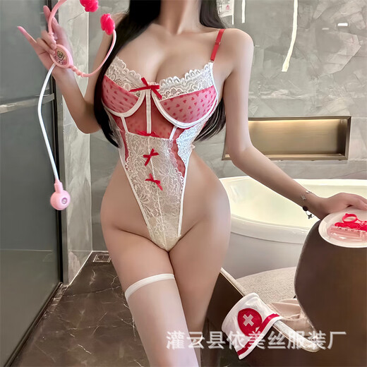 曼欲情趣内衣纯欲护士制服蕾丝蝴蝶结心型透视连体衣性感套装9276 红色【连体衣+发箍】白开档袜 S码【80-100斤】