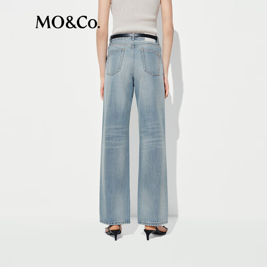 MO&Co.牛仔裤2025夏新品重工绳染手磨破洞中低腰直筒裤MBE2JEN002 牛仔蓝色 XS /XS