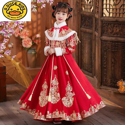 G.Duckkids Brand Girls Herbst- und Winterkleider Neujahr Neujahrswinterwinterstil 2024 Neuer Kinderrock Winter Hanfu Anbetung 9855 Red 110 cm