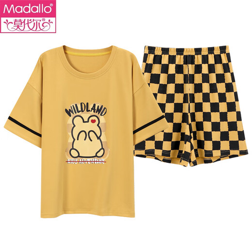 Modal Summer El juego de pijamas a cuadros de algodón de algodón de manga corta para mujeres se puede usar ropa de hogar de estilo coreano de algodón puro dulce de verano se puede usar fuera de Y9859 m (recomendado 75-95Jin [Jin es igual a 0.5 kg])