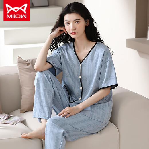 
Catman MIIOW pajamas for women in spring and summer short-sleeved trousers cardigan Korean style cute V-neck summer home clothes full cotton set YSH-9734# cardigan L size 100-120Jin [Jin equals 0.5 kg]