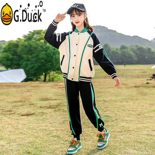 G.duckkids traje para niños chicas traje de otoño 2025 primavera y otoño nueva niña de moda uniforme de béisbol deportivo sudadera de dos piezas BQ1396 negro 110 cm