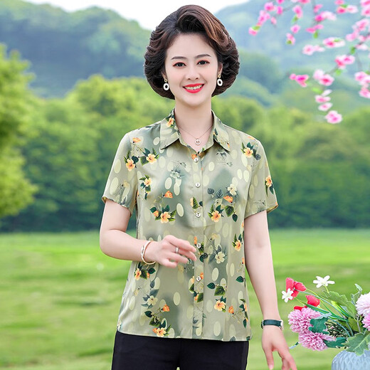 Goldlion轻奢中老年冰丝短袖衬衫女夏季薄款宽松休闲衬衣妈妈奶奶印花睡裙 6623红色 XL 90-105斤