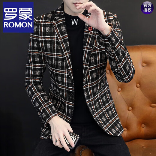 ROMON осенне-зимний утепленный шерстяной костюм, мужской корейский стиль, модный тонкий клетчатый костюм, повседневный шерстяной маленький пиджак 210, цвет хаки плюс бархат L