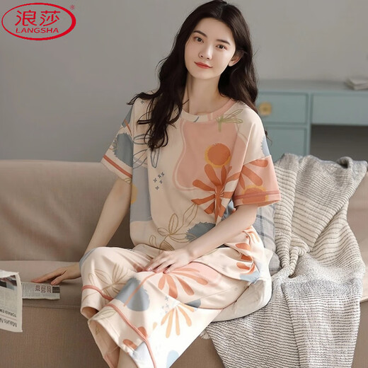 浪莎（LangSha）睡衣女夏季2025年新款短袖七分裤套装夏天女士中年妈妈宽松家居服 短袖七分裤-679 M 建议80-100斤