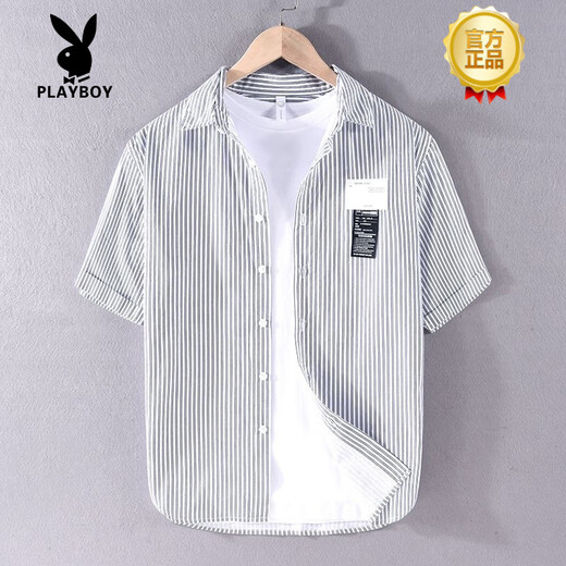 花花公子（PLAYBOY）条纹衬衫男士短袖夏季薄款日系复古纯棉免烫韩版休闲半袖贴标衬衣 9740黑色 XL 【适合体重140-155斤】