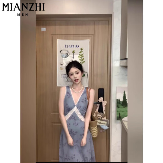 Cotton French Spitzenspitzen gespleißtes V-Ausschnitt Blumenkleid für Frauen im Sommer 2025 Neues kleines Temperament schlanker langer Rock 924 Lila Rosé [hohe Qualität 35,5] L 100-115jin [Jin ist 0,5 kg]