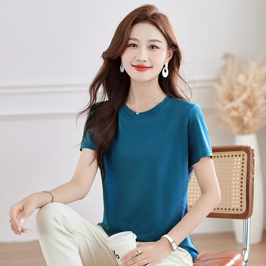 QLHX same style for women's summer pure cotton short-sleeved slim shirt in the mall. WL6623 black [print] official flagship store M