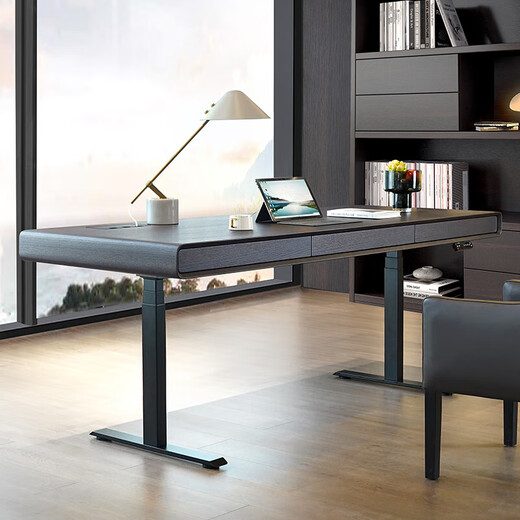Jianyun Noi designer workbench desk study table Italian style minimalist modern light luxury simple electric lifting study desk smoked wood color with plug-in row 1400*650*750