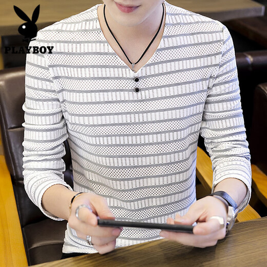 Playboy (Playboy) T-shirt à manches longues pour hommes 2025 Spring and Automne New V-Neck Base Shirt Trendy Casual Casual Contrast Striped T-shirt Top 6188 Black XL