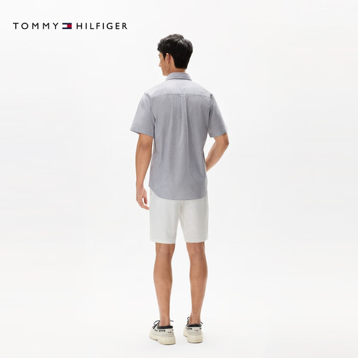 TOMMY HILFIGER【轻薄感】25新款夏季男牛津纺休闲条纹亚洲版短袖衬衫39191 灰白条纹0A4 XL （推荐：165-180斤）