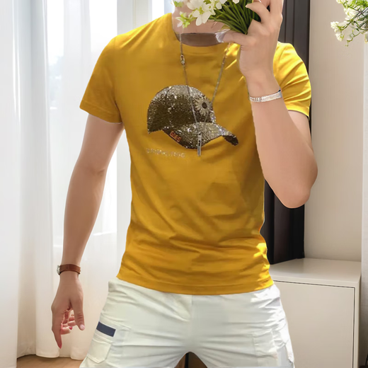 
GIOCP Hong Kong trendy brand summer new mercerized cotton hat ironing diamond short sleeve internet celebrity personality trendy slim half-sleeved T-shirt men orange 733 hat 4XL