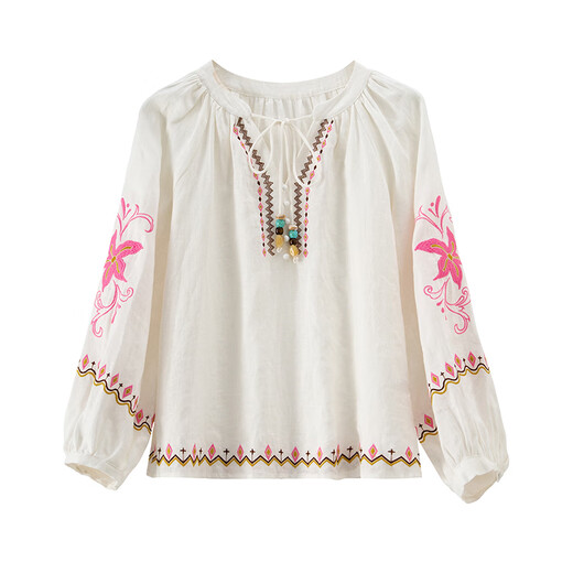 Banana Cici 2025 Summer New South French Wave Sporting and Healing Flower Borded Linen Shirt C252CS691 White L