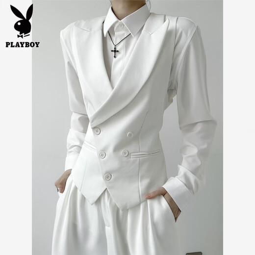 Playboy (PLAYBOY) suit vest, white, handsome, unisex, elegant, British gun lapel suit, casual waistcoat for men, black vest without brooch + black shirt + black trousers L Recommendation 105-125