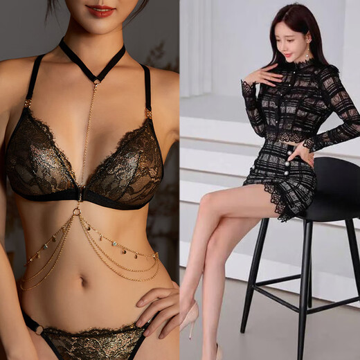 维多利亚宫廷纯欲蕾丝文胸 镂空法式前扣美背三角杯内衣女无钢圈性感套装 金色文胸+丁字裤+链子 L