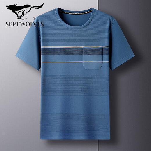 七匹狼（SEPTWOLVES）夏季男士短袖T恤中年圆领纯色上衣男宽松条纹半袖有口袋 直播 dx-691湖蓝色 M 165/建议120斤以下