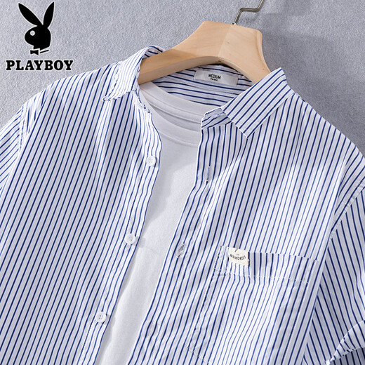 花花公子（PLAYBOY）夏季薄款衬衫领短袖T恤男宽松体恤免烫条纹半袖带领口袋上衣夏装 9721白色 M