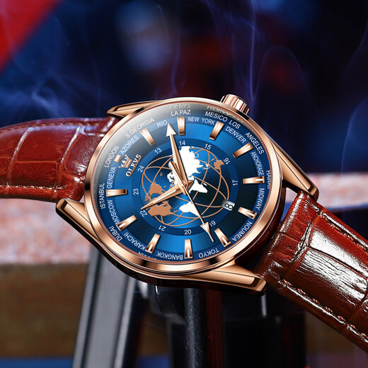 OLEVS watch men's quartz watch business fashion calendar waterproof luminous globe watch bar nail scale 9926 brown leather rose shell blue face men 39mm dial diameter: