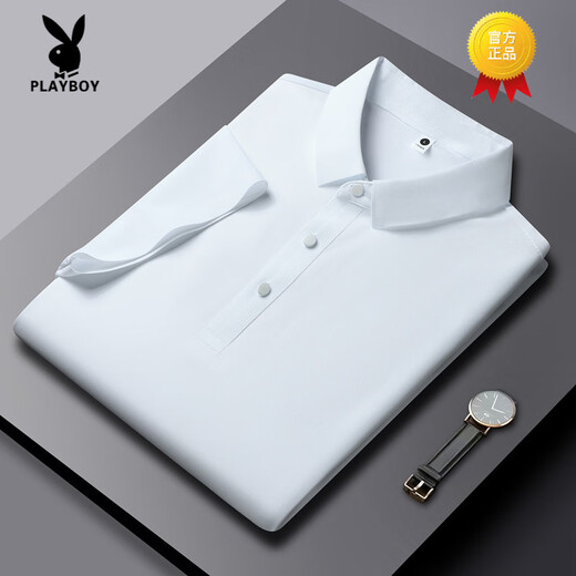 花花公子（PLAYBOY）高端2025夏季新款冰丝短袖T恤男薄款透气半袖POLO衫商务翻领冰丝 PM-12358曜石黑 4XL